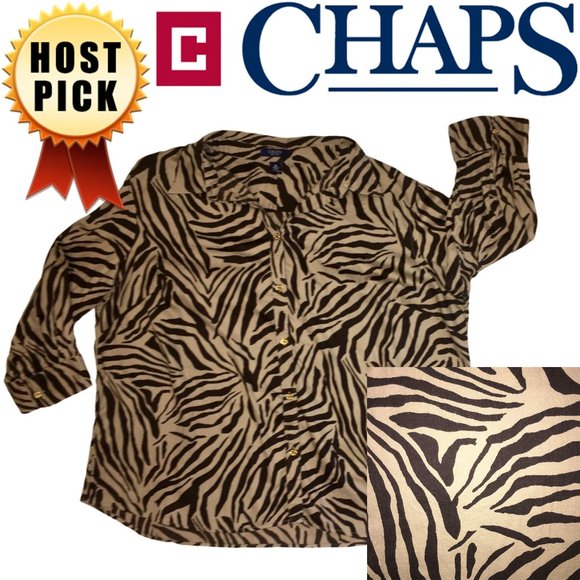 Animal Print Button Down Shirt, Chaps Zebra Print Top, Tiger, 3/4 Sleeve Plus 3x - Picture 2 of 14